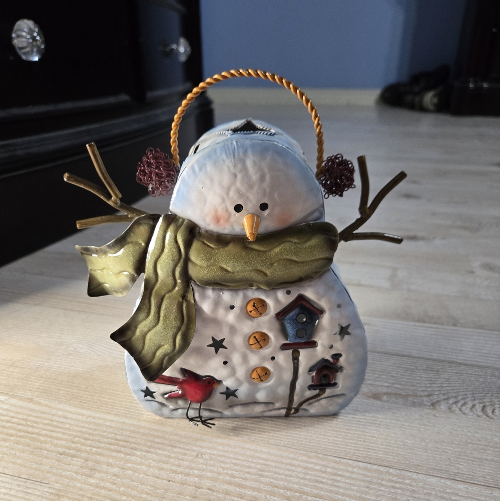 Rustic Metal Snowman Lantern Tin Tealight Holder